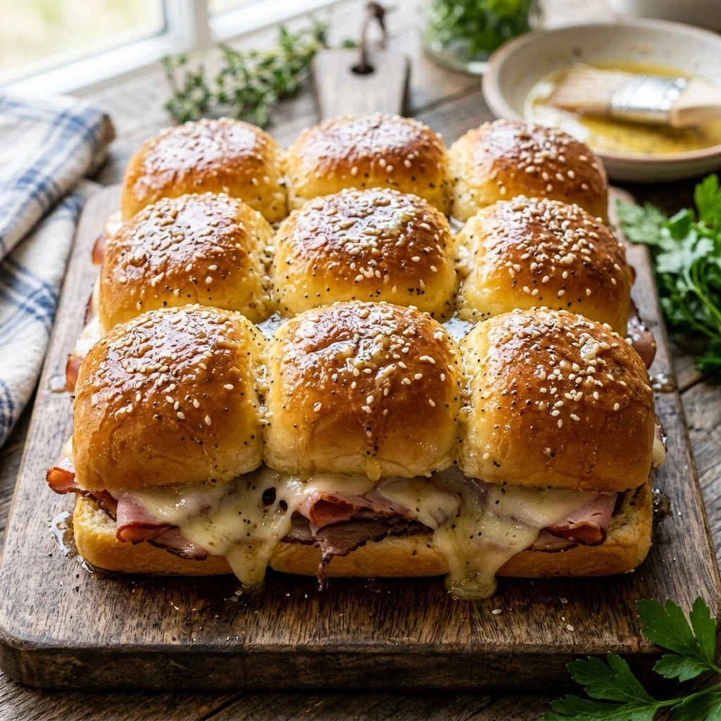Hawaiian Roll Sliders with ham and cheese on a platter