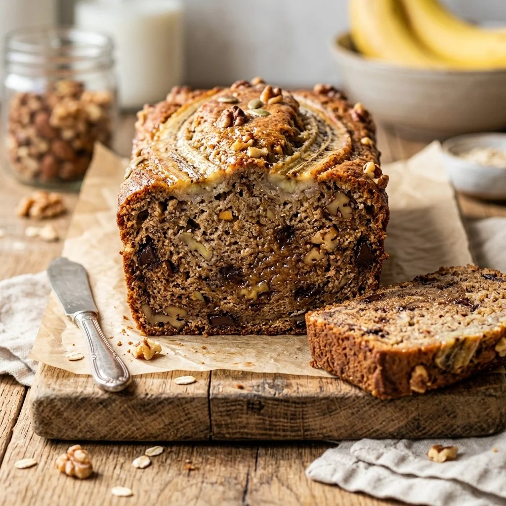Healthy banana bread slice with nuts and banana slices on a plate
