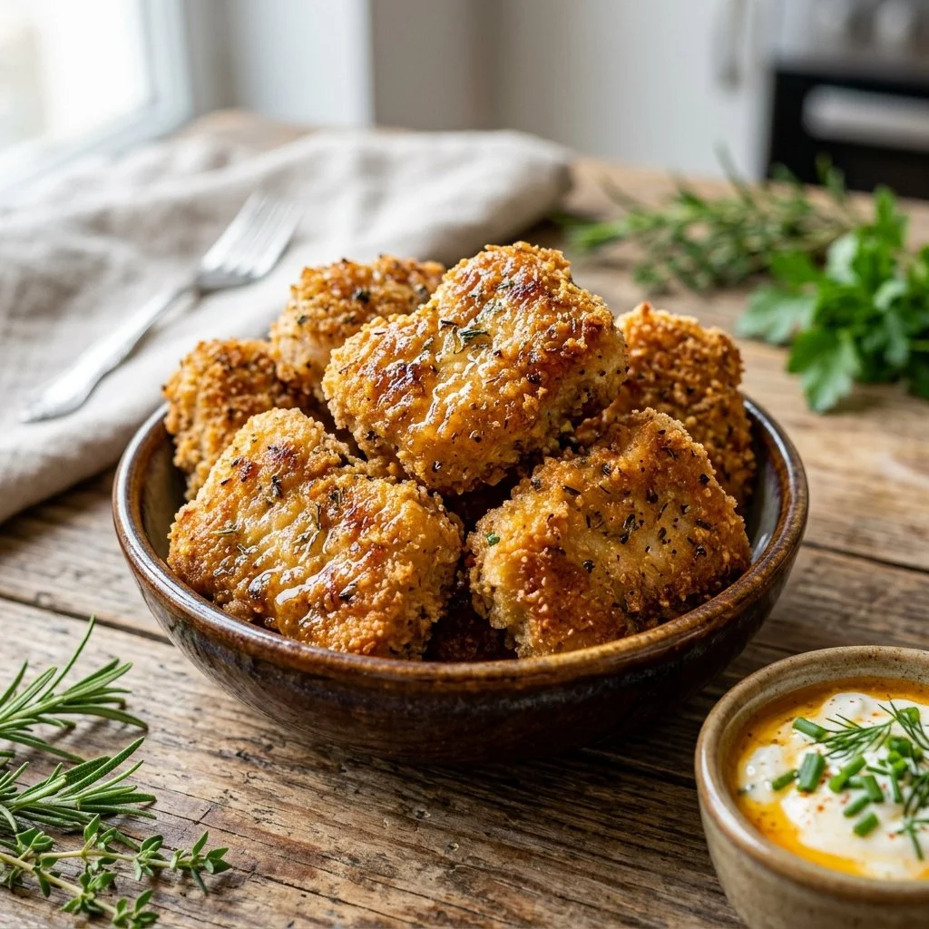 Healthy chicken nuggets served with dipping sauce on a plate