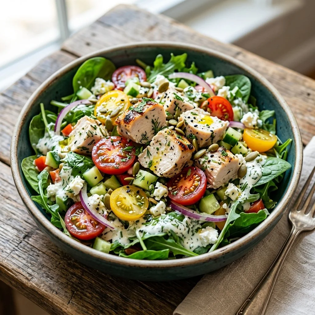 Healthy chicken salad with fresh ingredients and light dressing
