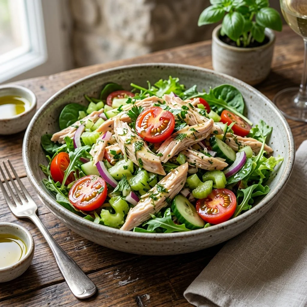 Healthy chicken salad with fresh vegetables and dressing