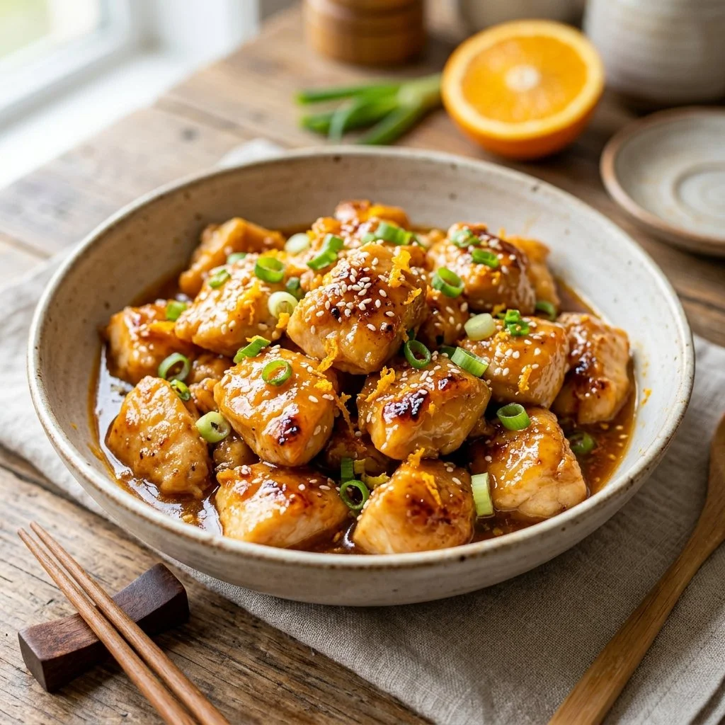 Healthy homemade orange chicken dish served with vegetables on a plate