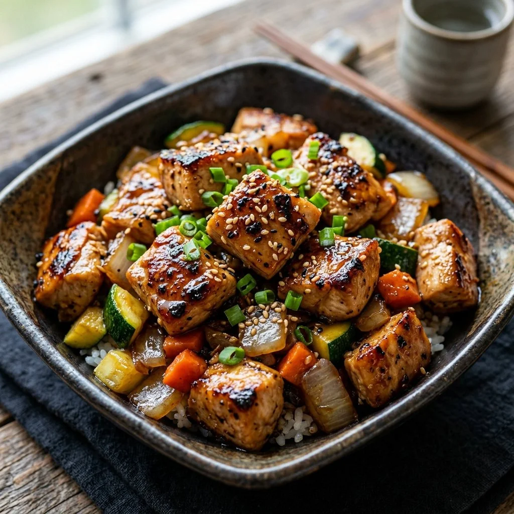 Delicious Hibachi Chicken served with vegetables and sauce on a sizzling plate.