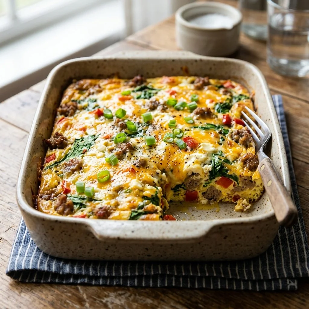 Healthy high protein egg bake with vegetables and cheese for a nutritious breakfast