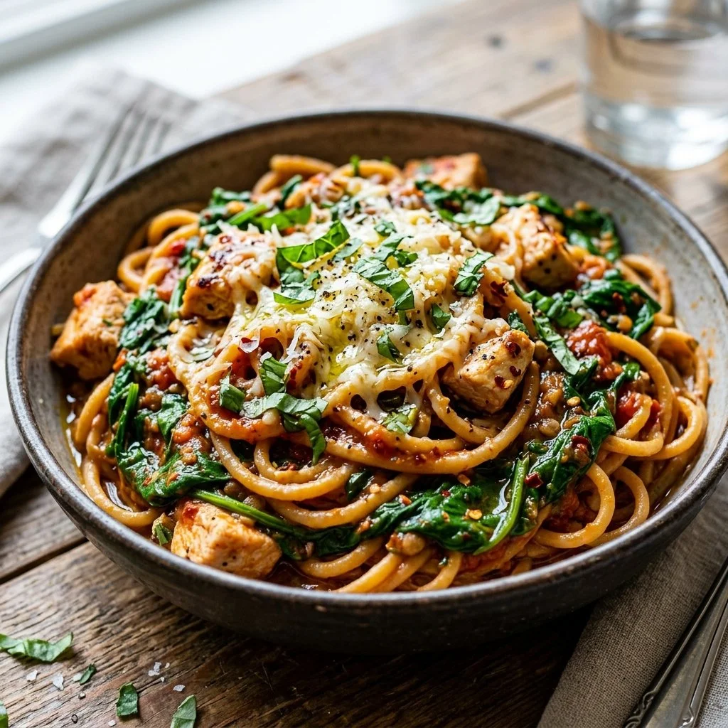 A bowl of high protein pasta topped with vegetables and sauce for a nutritious meal.
