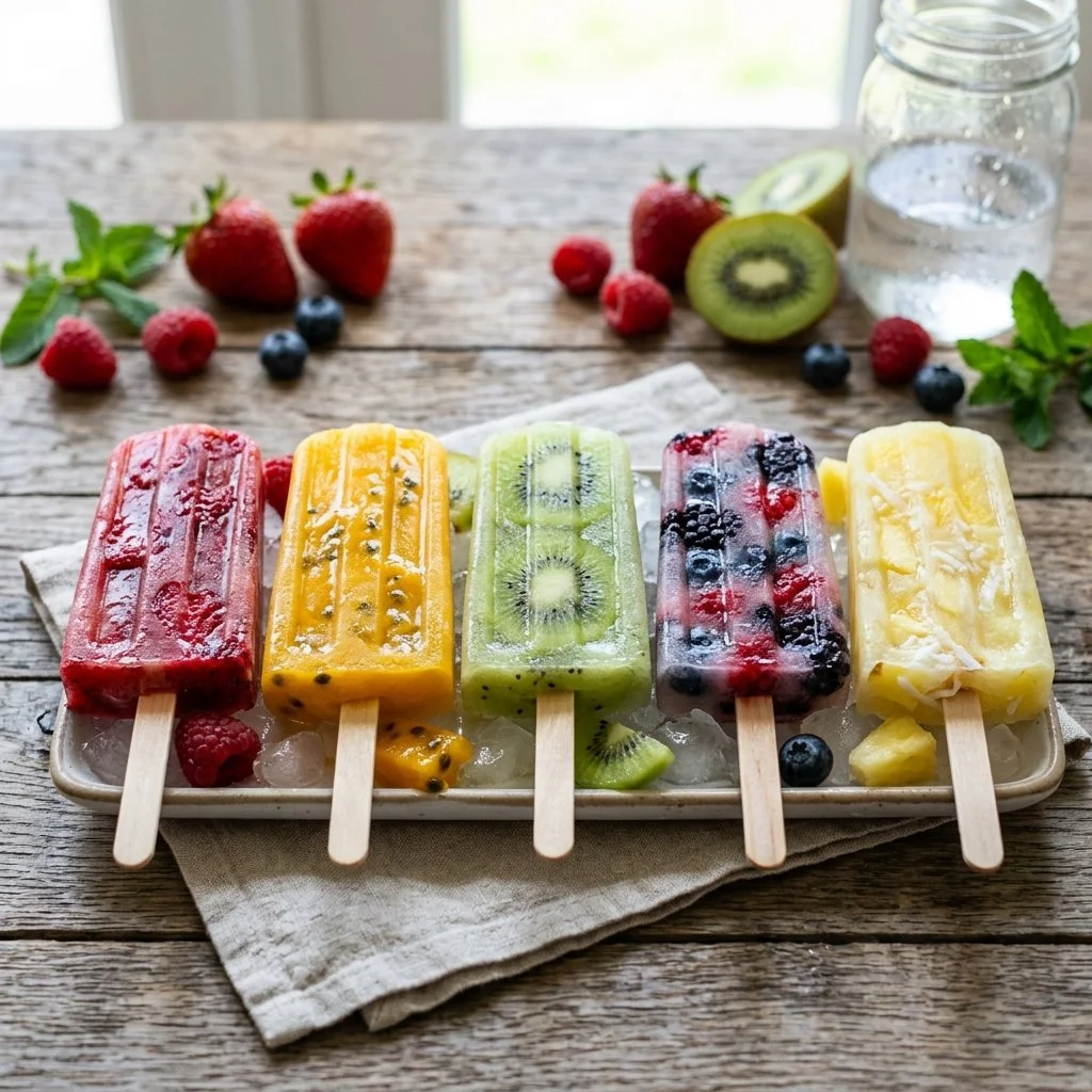 Colorful homemade fruit popsicles made from fresh ingredients.