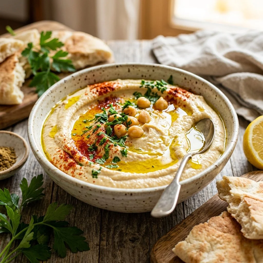 Bowl of homemade hummus with pita bread and vegetables for dipping