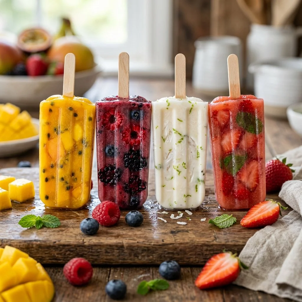 Colorful homemade popsicles made with fruits and natural ingredients