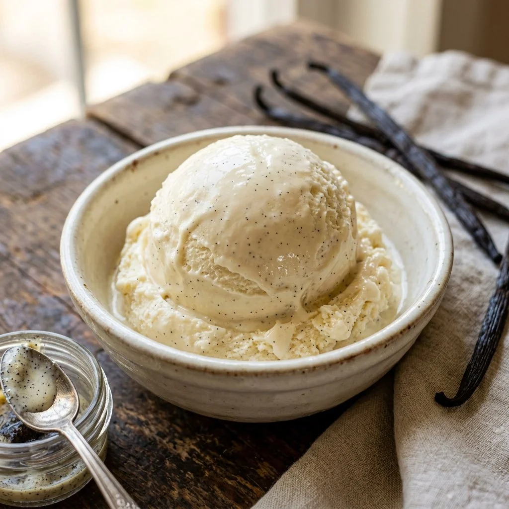 Bowl of creamy homemade vanilla ice cream