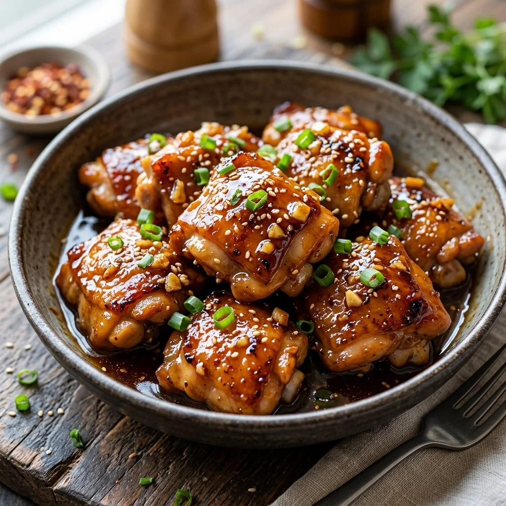 Plate of Honey Garlic Chicken garnished with green onions.