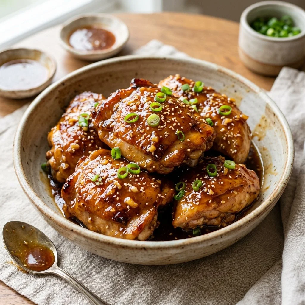 Delicious honey garlic chicken plate garnished with herbs