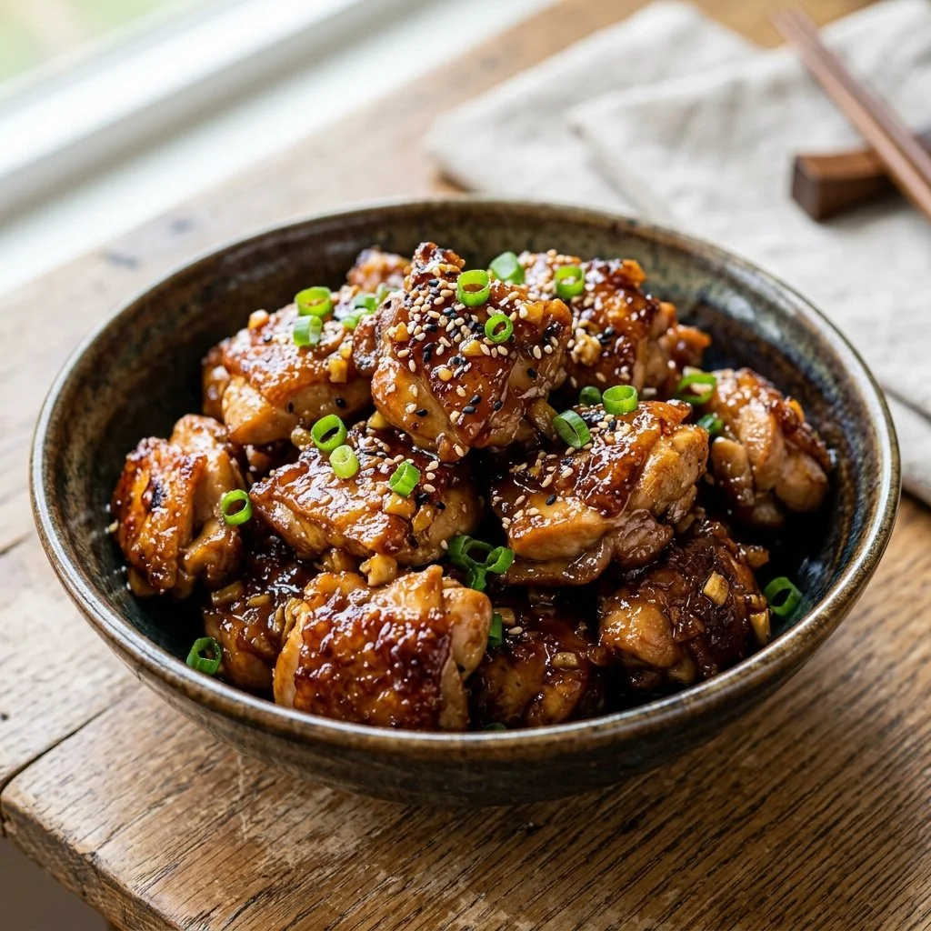 Honey Garlic Chicken dish garnished with sesame seeds and green onions