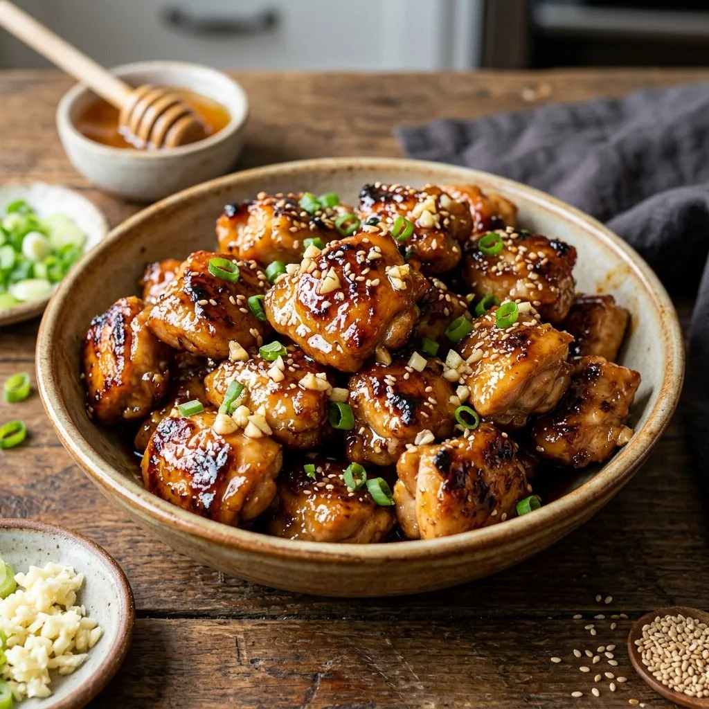 Delicious Honey Garlic Chicken Bites served on a platter