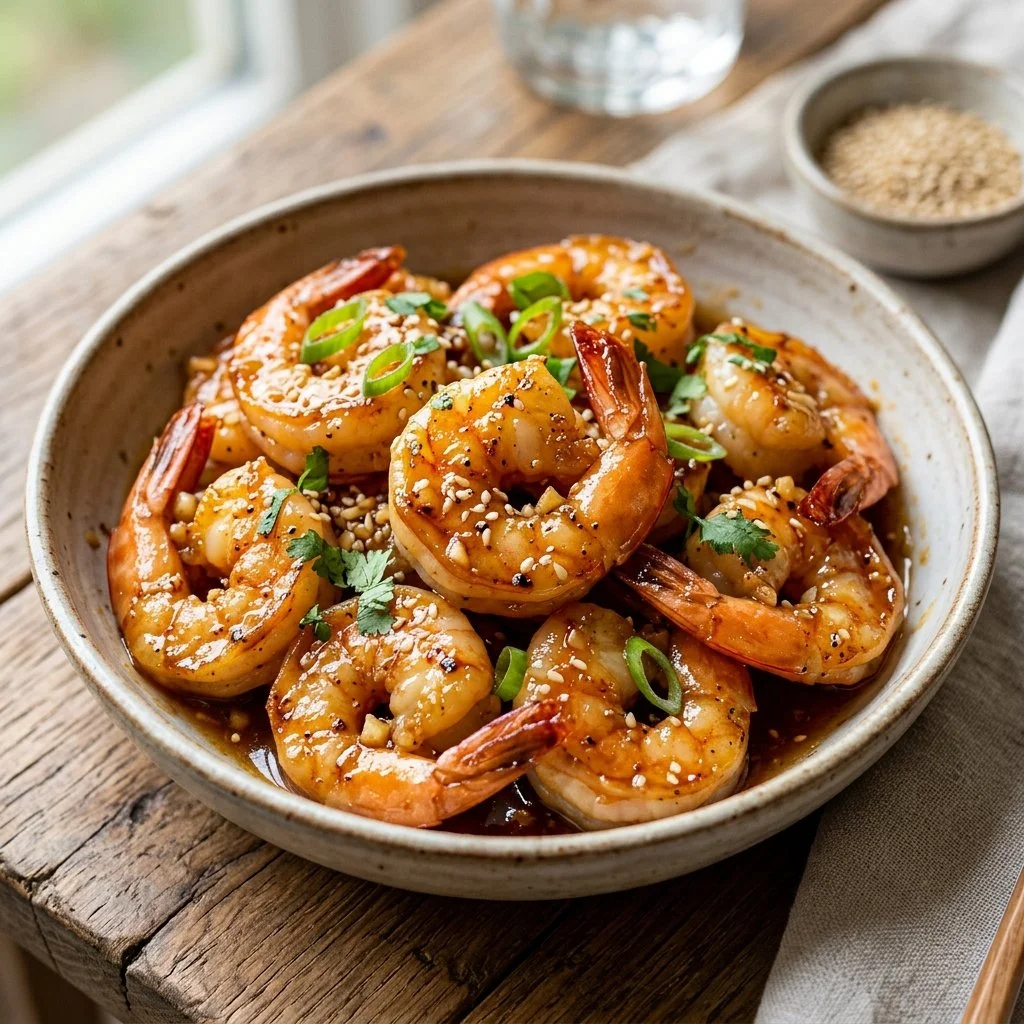 Delicious honey garlic shrimp served with vegetables and garnished with herbs.
