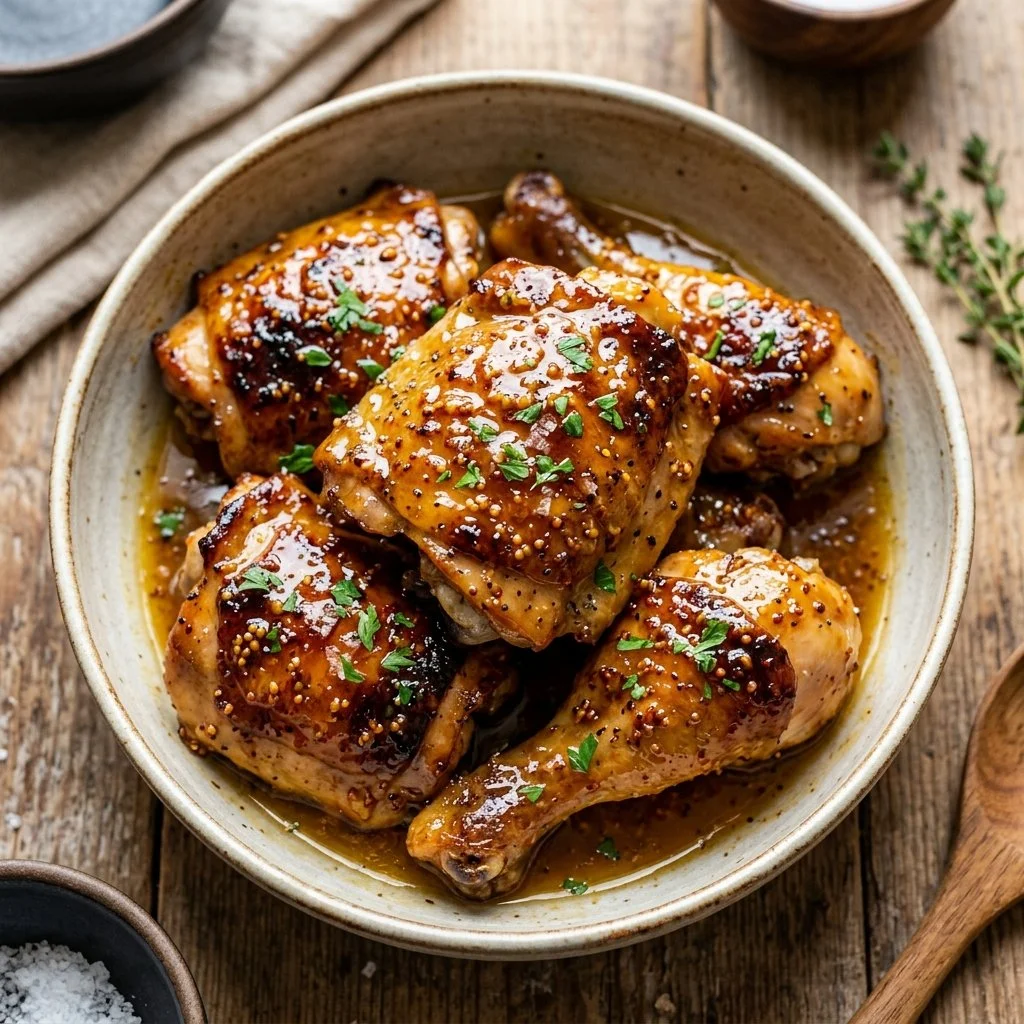 Juicy honey mustard chicken served with vegetables and garnished with herbs.