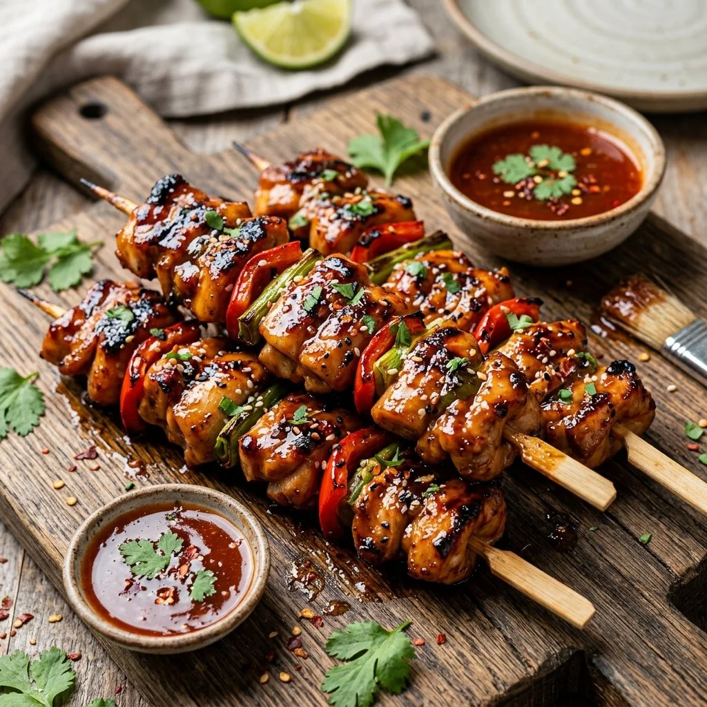 Honey Sriracha Chicken Skewers grilled to perfection with a spicy glaze