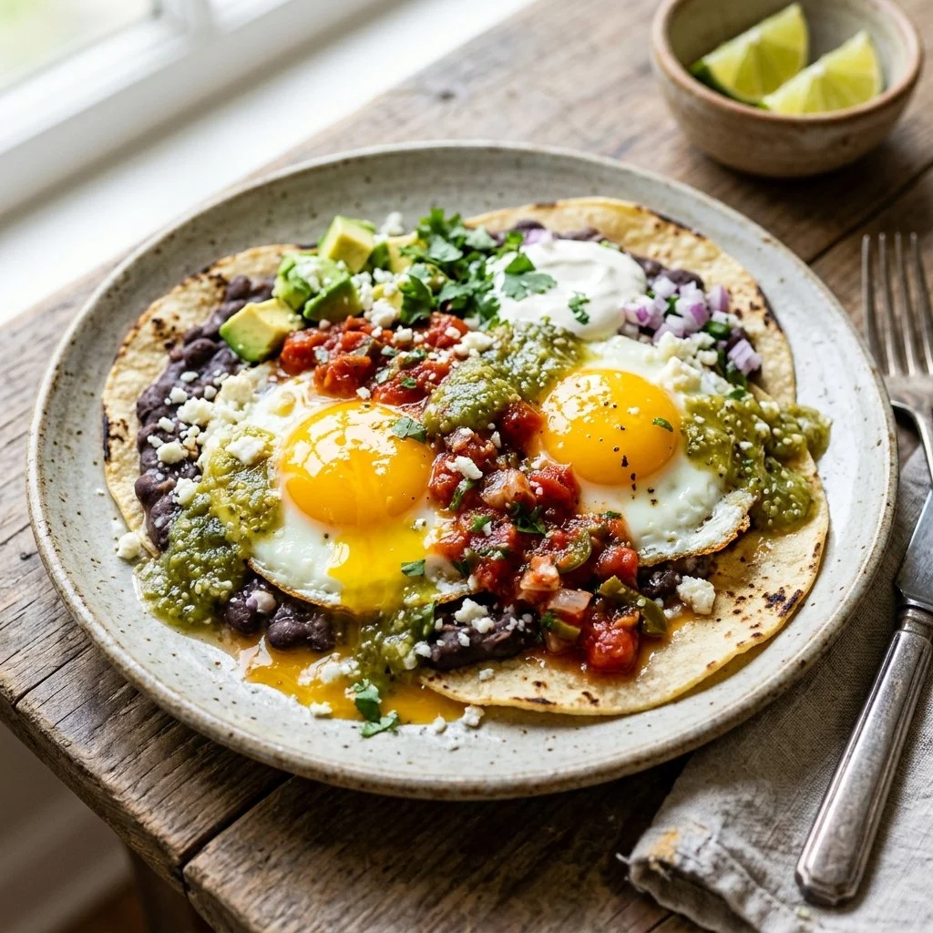 Delicious huevos rancheros served on a plate with colorful toppings.
