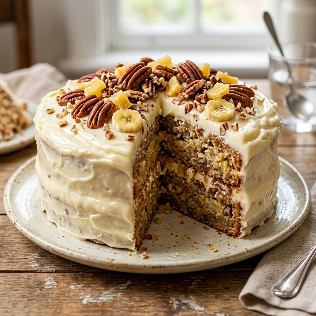 Delicious slice of Hummingbird Cake with cream cheese frosting and tropical fruits.