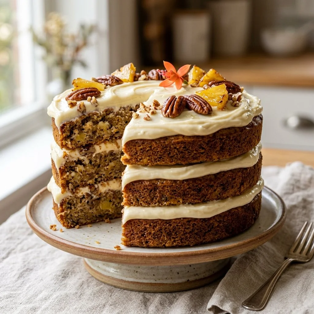 Deliciously moist hummingbird cake topped with cream cheese frosting and fresh fruits.