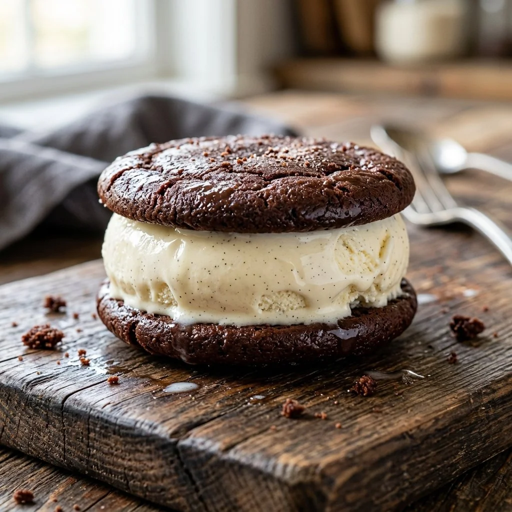 Delicious ice cream sandwich with chocolate cookies and creamy vanilla ice cream.