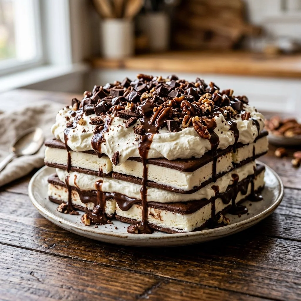 Delicious Ice Cream Sandwich Cake layered with chocolate and vanilla flavors.