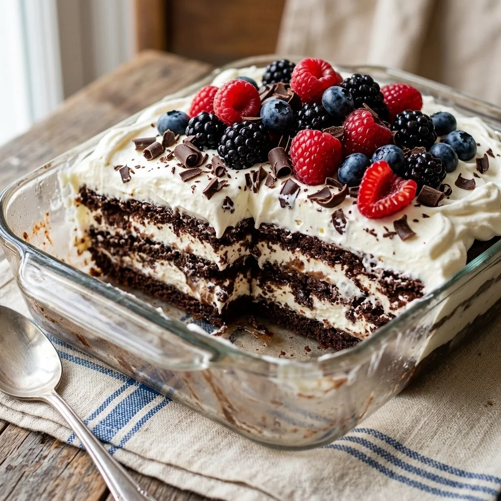 Delicious icebox cake with layers of cream and cookies ready to serve.