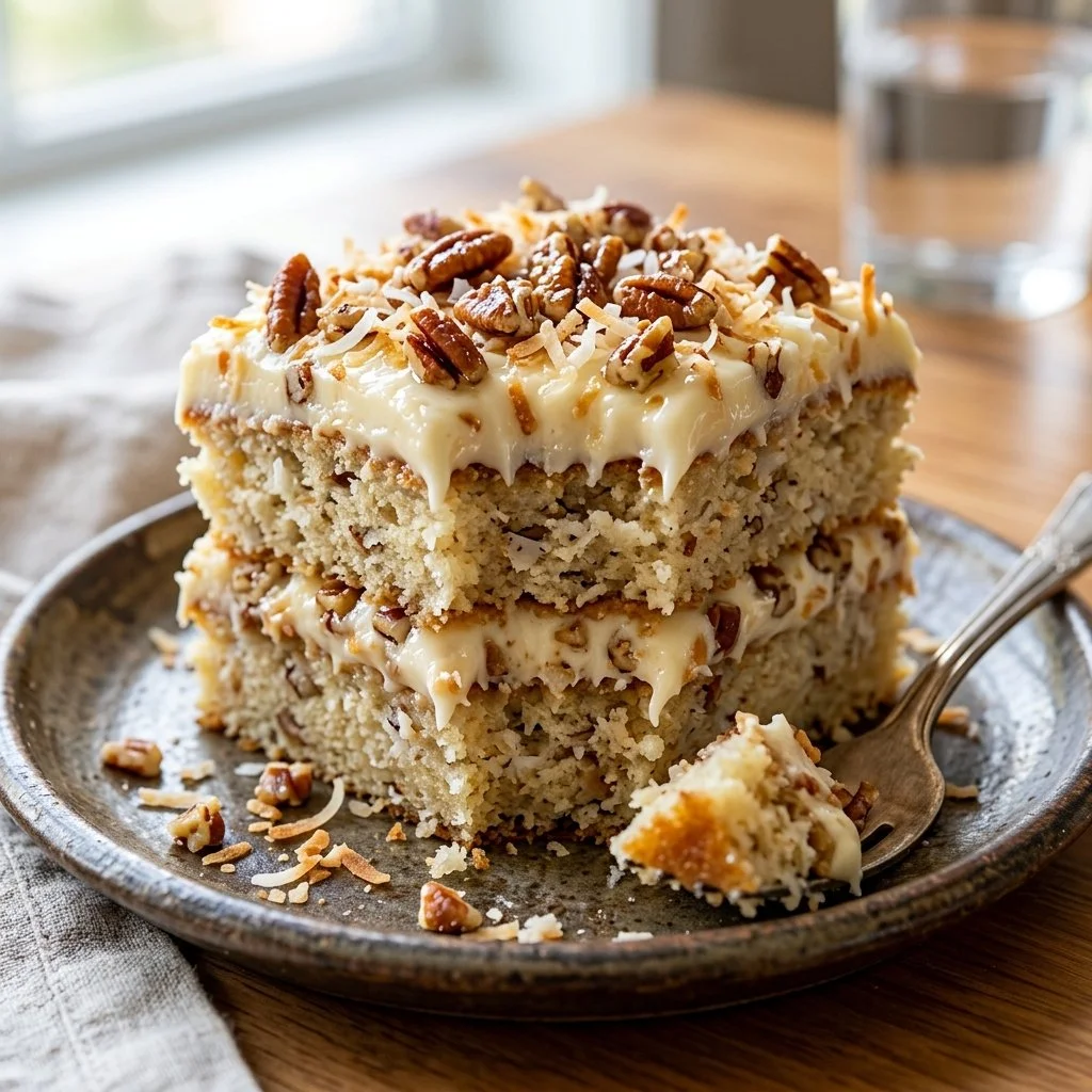 Delicious slice of Italian Cream Cake with coconut and pecans on a white plate