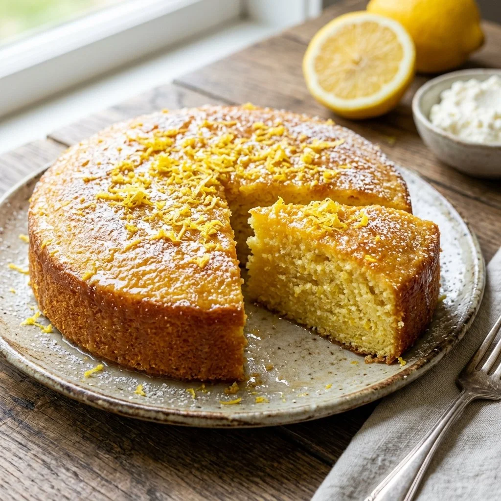 Slice of Italian Lemon Ricotta Cake topped with lemon zest and powdered sugar