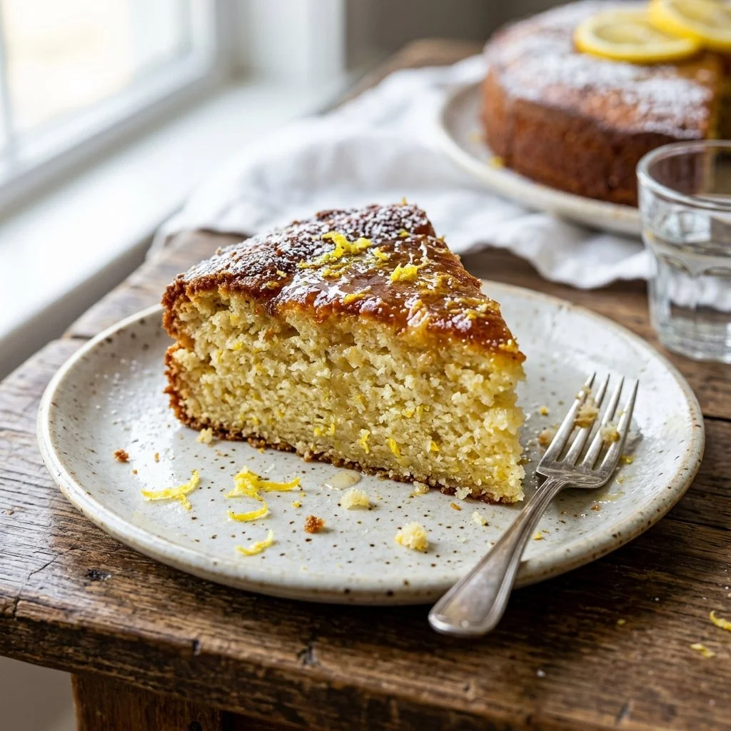 Slice of Italian Lemon Ricotta Cake topped with fresh lemon zest and berries