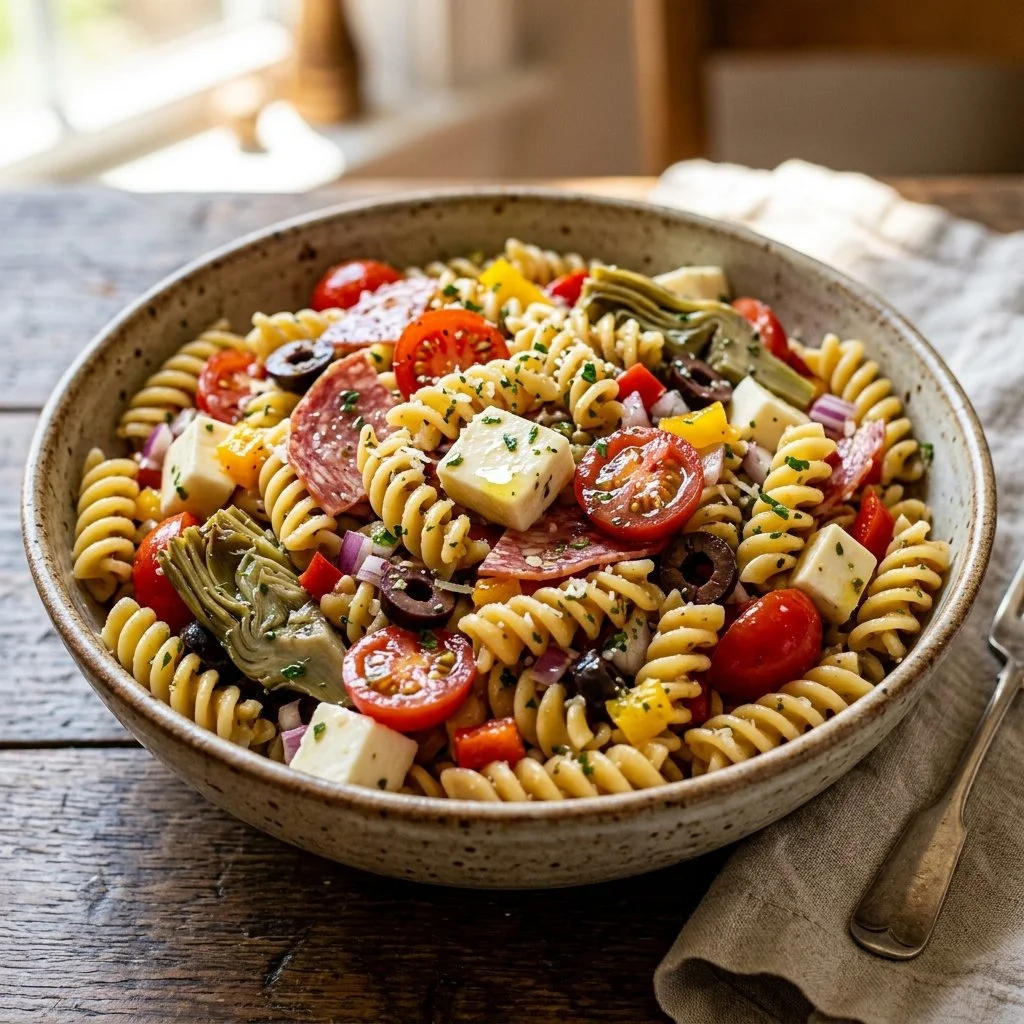 Colorful Italian pasta salad with vegetables and dressing in a serving bowl