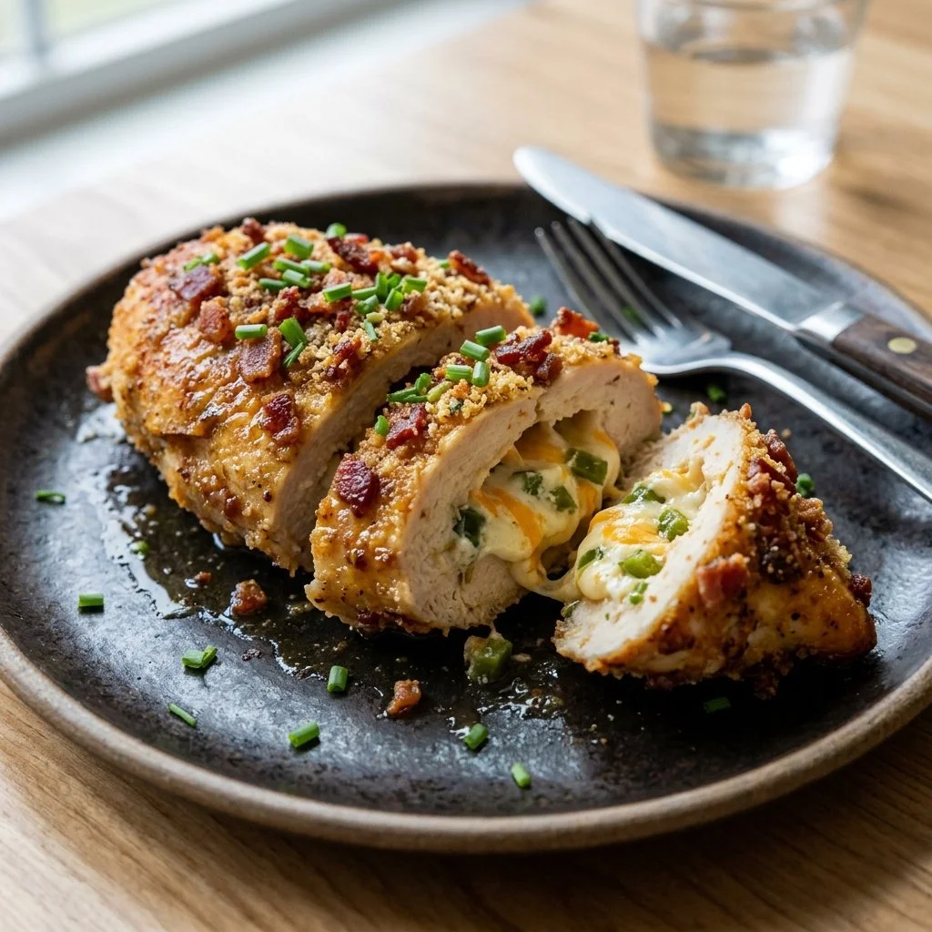 Delicious jalapeno popper chicken garnished with peppers and cheese