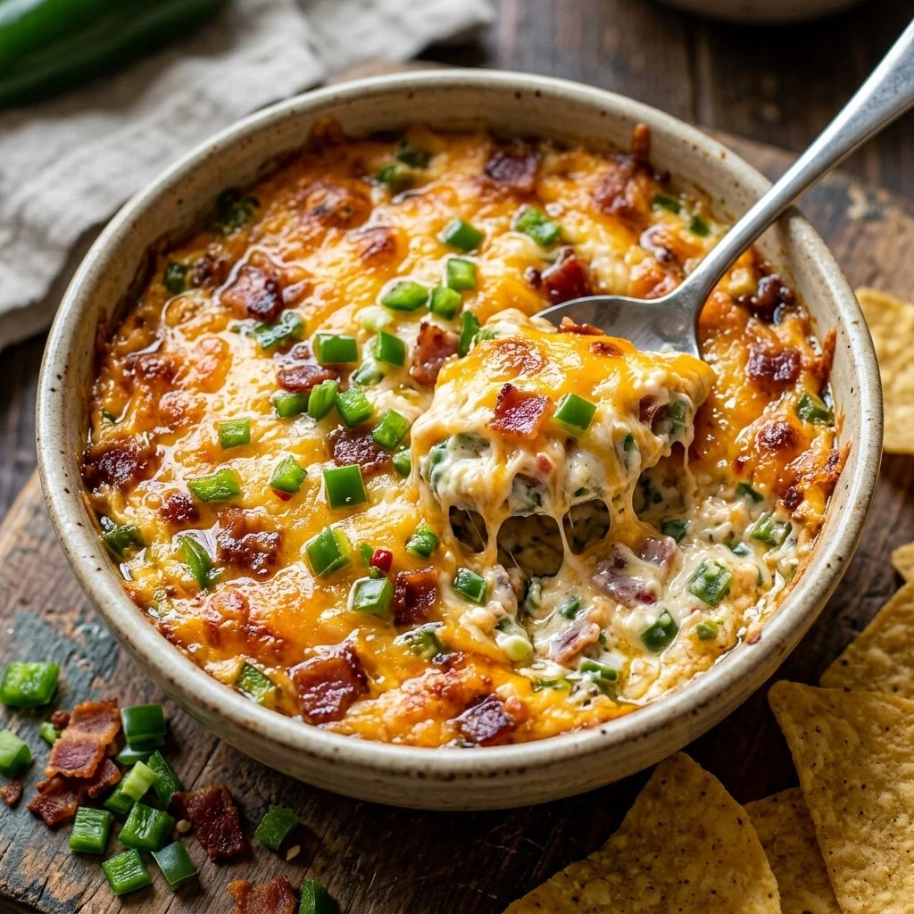 Creamy jalapeno popper dip served in a bowl with tortilla chips