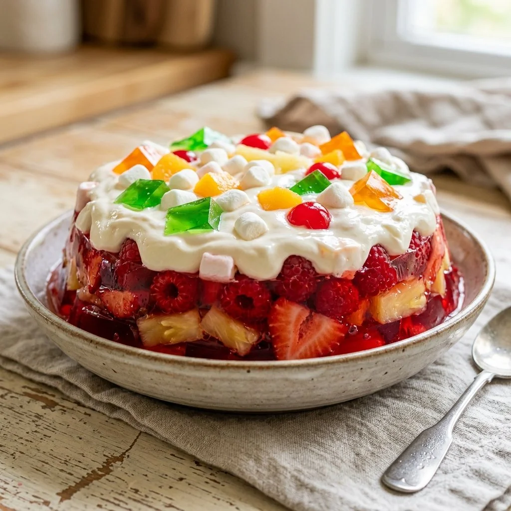 Colorful Jello Salad served in a bowl, perfect for parties and gatherings.