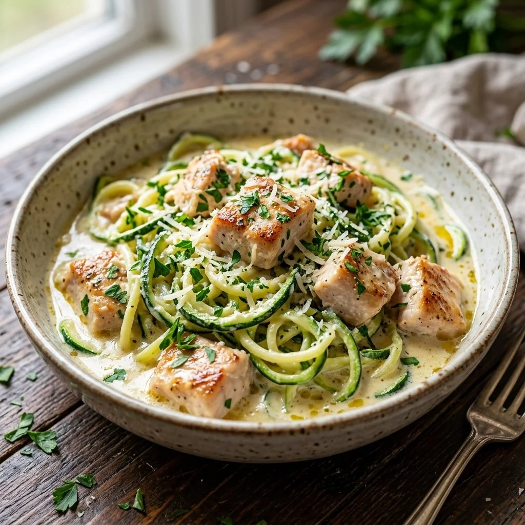Delicious keto chicken alfredo dish served with a side of greens
