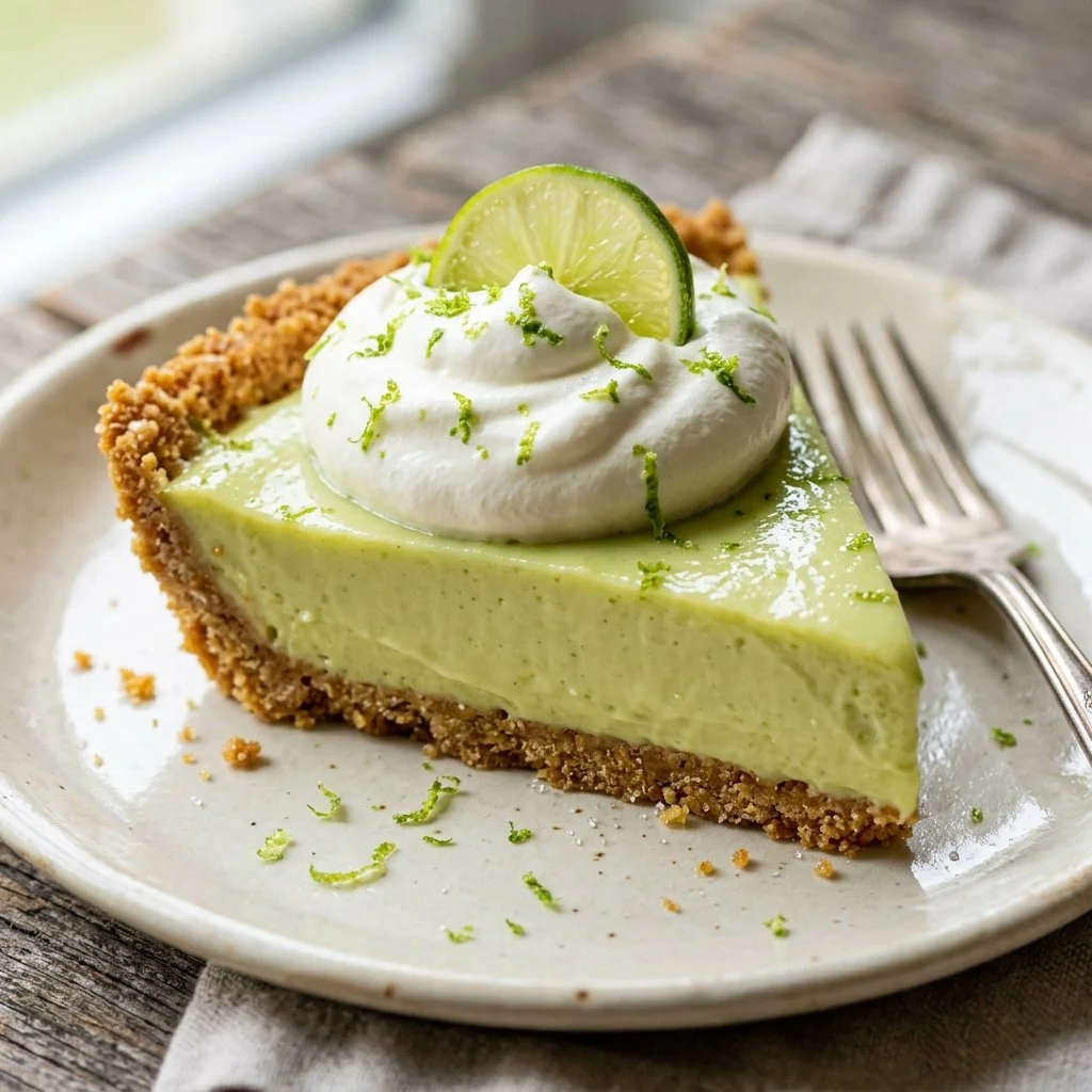 Delicious homemade Key Lime Pie topped with whipped cream and lime slices