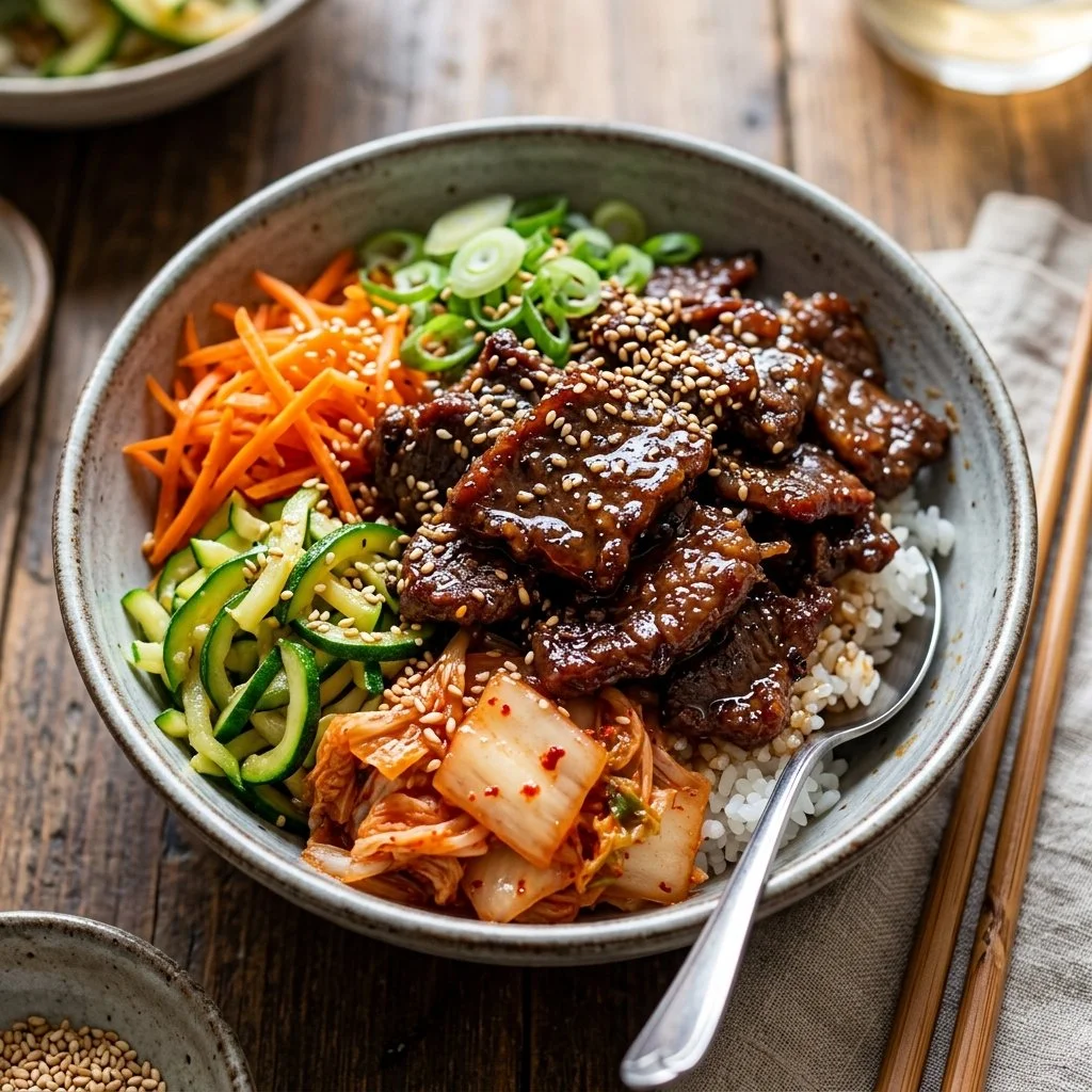 Delicious Korean beef bowls topped with fresh vegetables and sauce