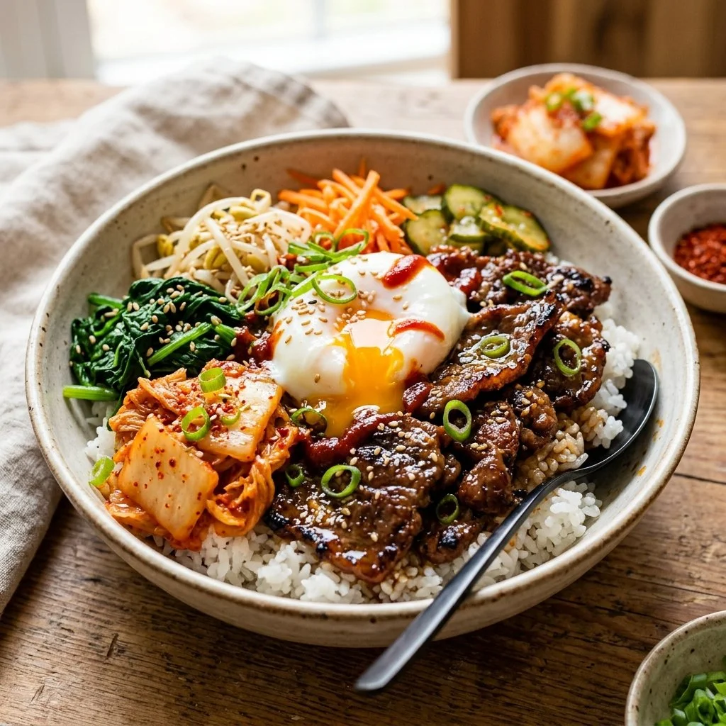 Korean Beef Bowl with tender beef, vegetables, and sesame seeds