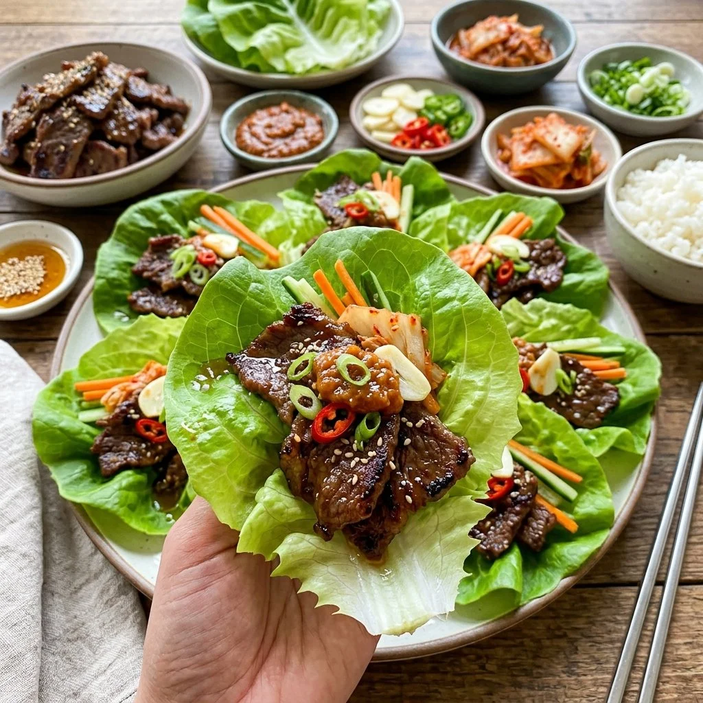 Korean beef lettuce wraps served on a plate with fresh vegetables