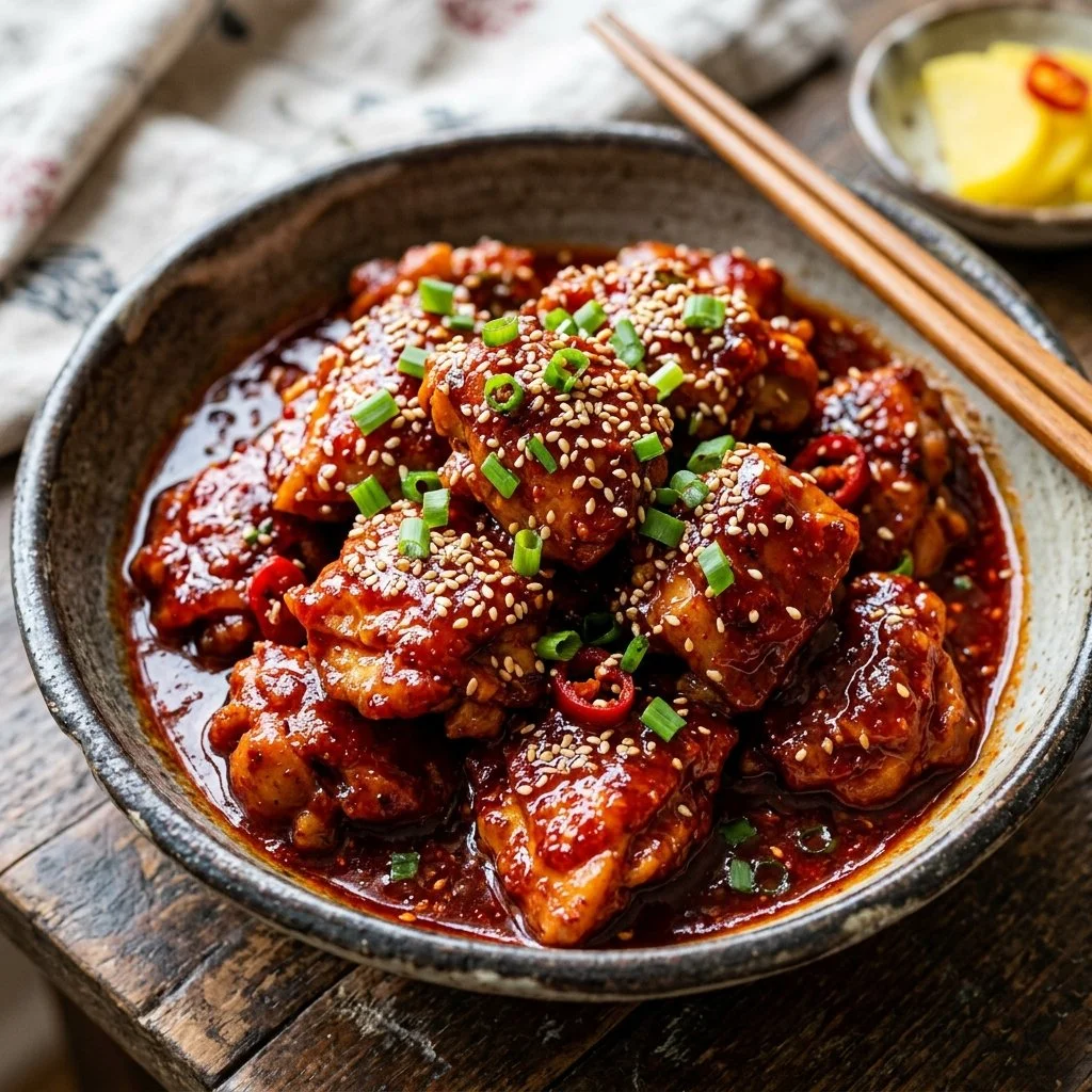Delicious Korean-Style Spicy Chicken dish served with vibrant side dishes.