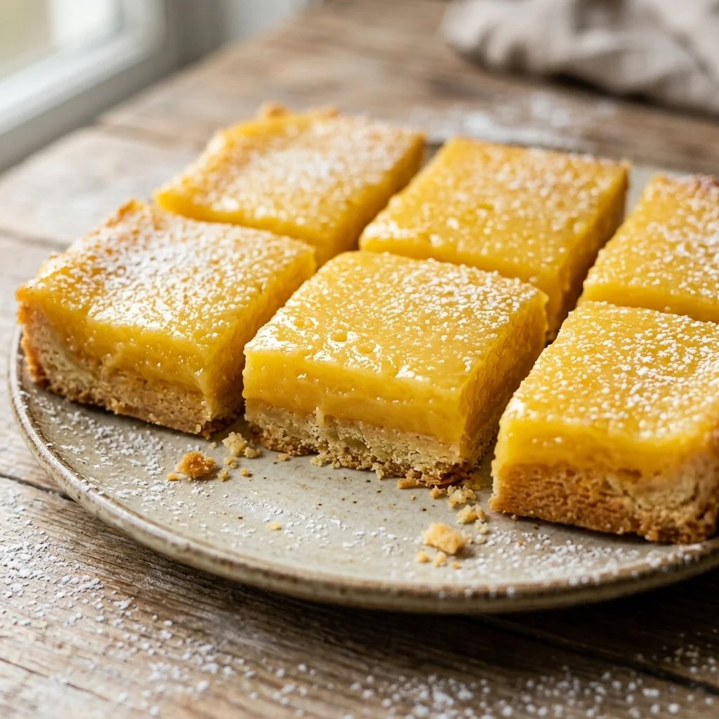 Delicious homemade lemon bars on a white plate with powdered sugar