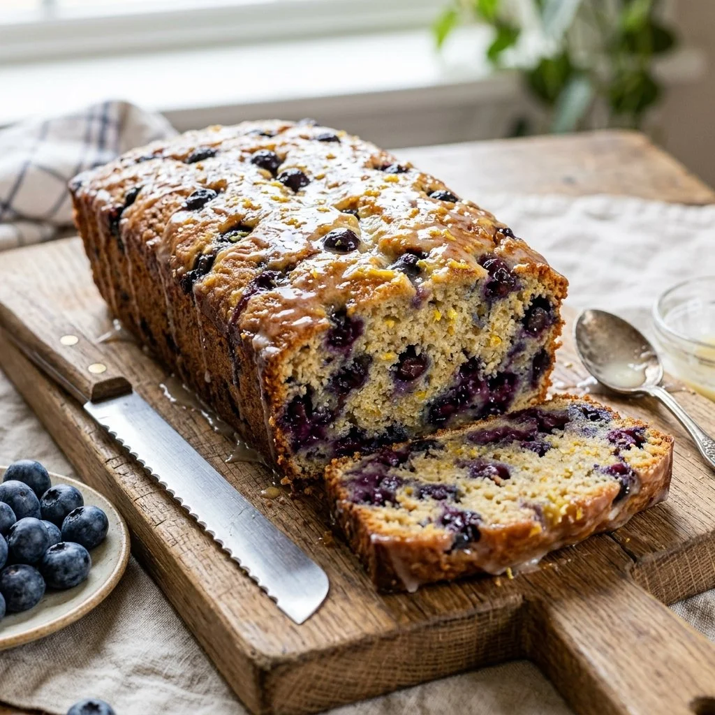 Freshly baked Lemon Blueberry Bread with a slice cut out