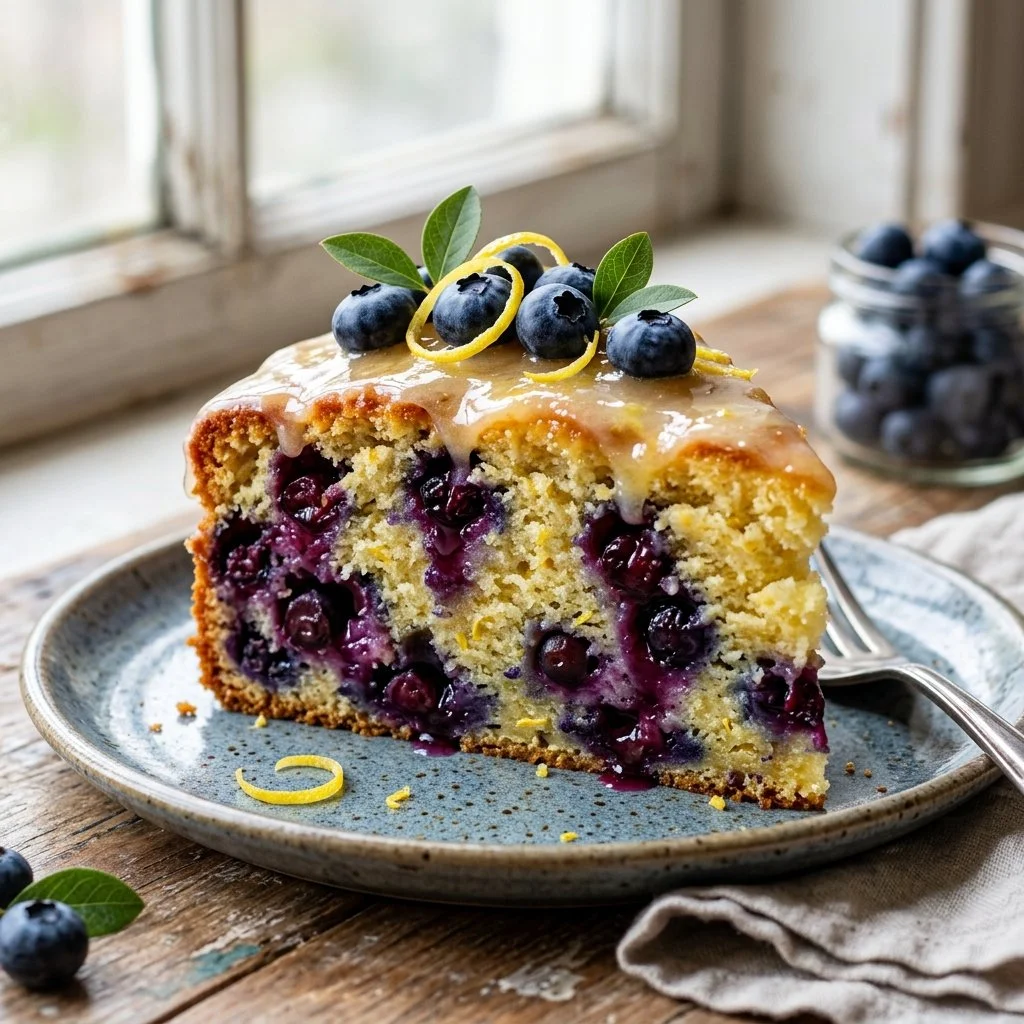 Lemon Blueberry Cake topped with fresh blueberries and lemon zest