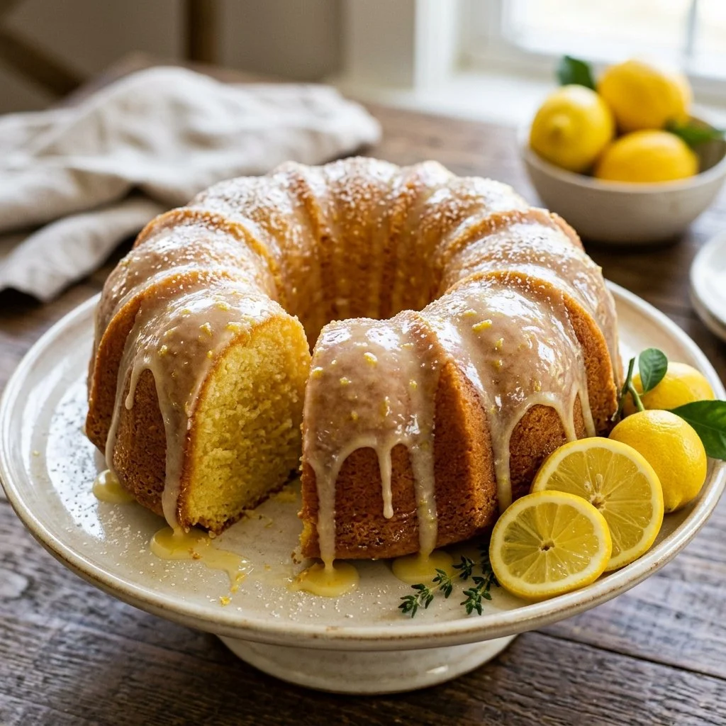 Homemade Lemon Bundt Cake with a vibrant lemon glaze on a decorative platter