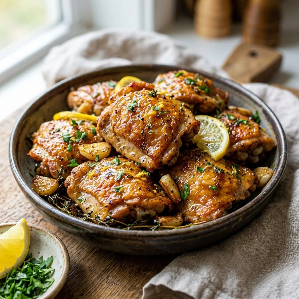 Crispy lemon chicken cooked in an air fryer, garnished with fresh herbs.