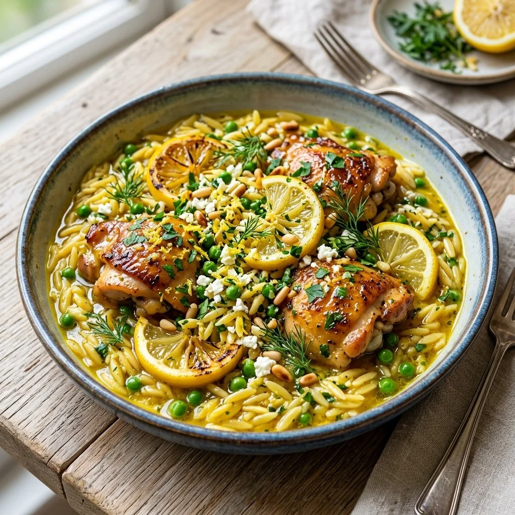 A bowl of Lemon Chicken Orzo garnished with lemon slices and parsley.