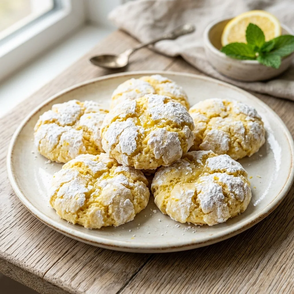 Freshly baked Lemon Crinkle Cookies dusted with powdered sugar on a plate
