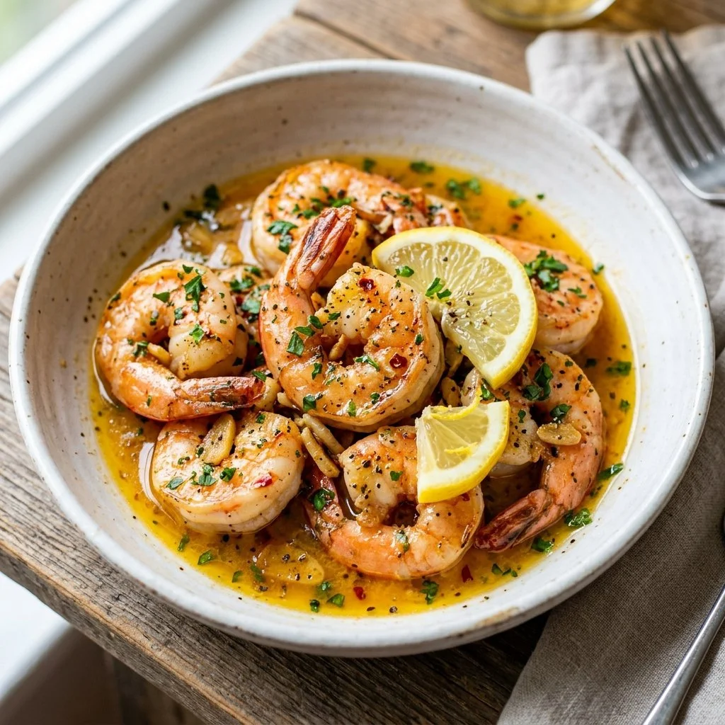 Delicious Lemon Garlic Butter Shrimp served with a garnish