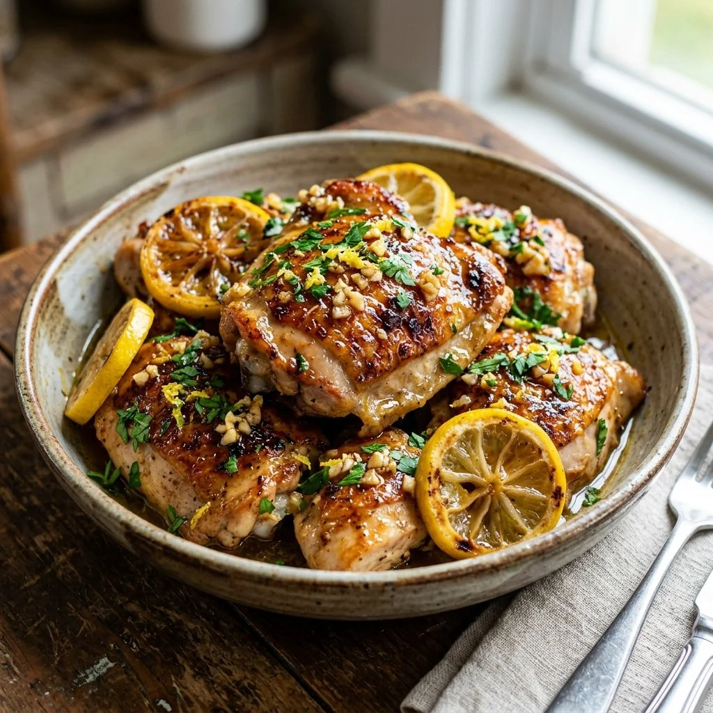 Plate of Lemon Garlic Chicken garnished with fresh herbs and lemon slices