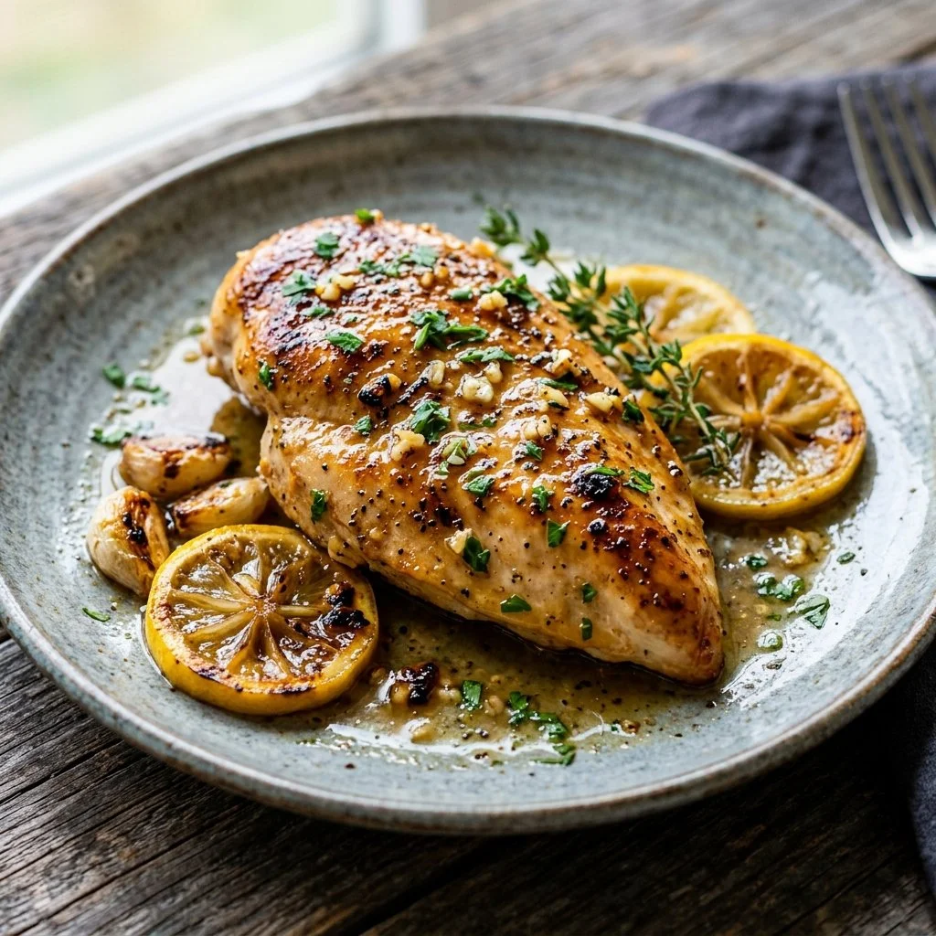 Lemon Garlic Chicken Breast garnished with herbs and served on a plate