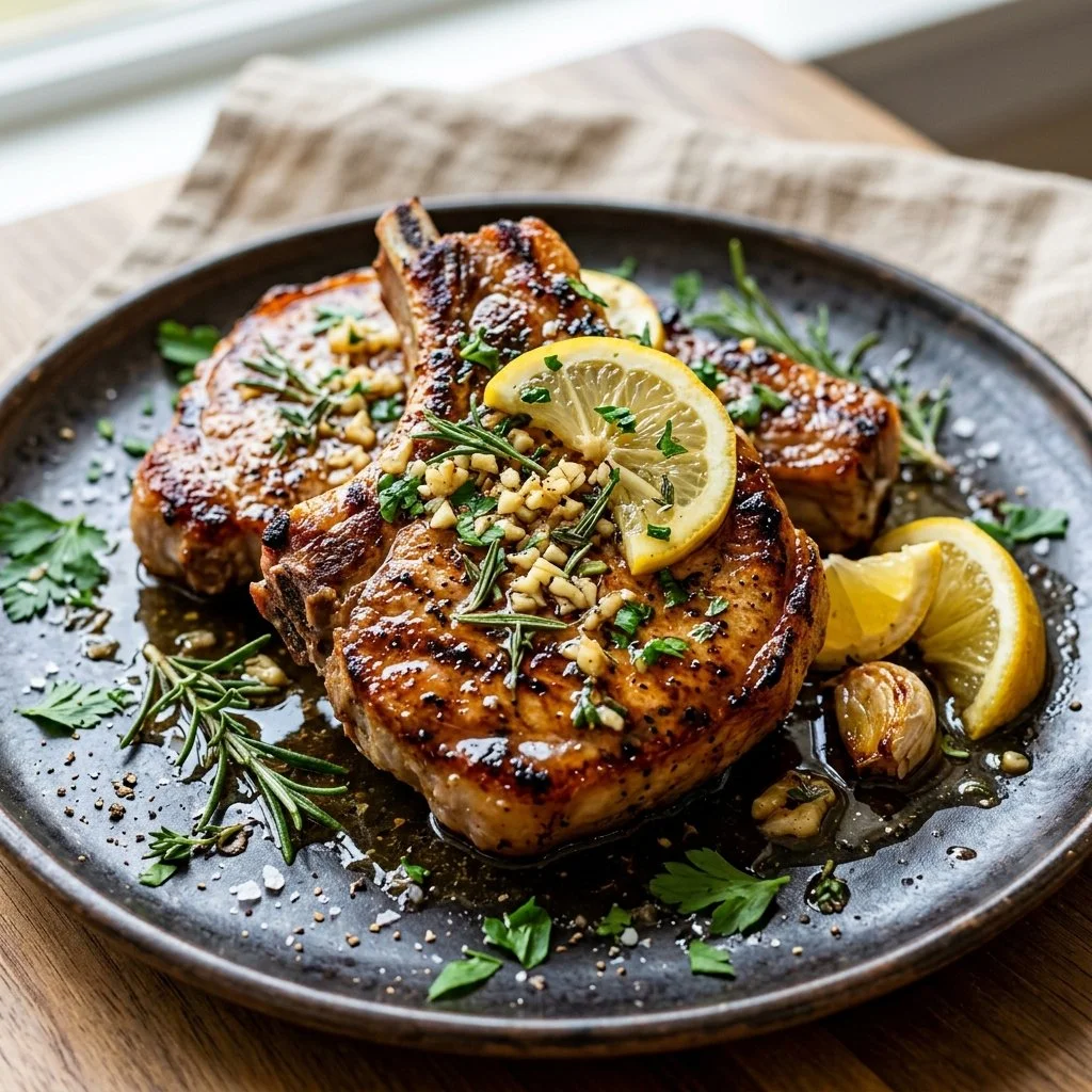 Lemon garlic pork chops garnished with herbs on a rustic plate